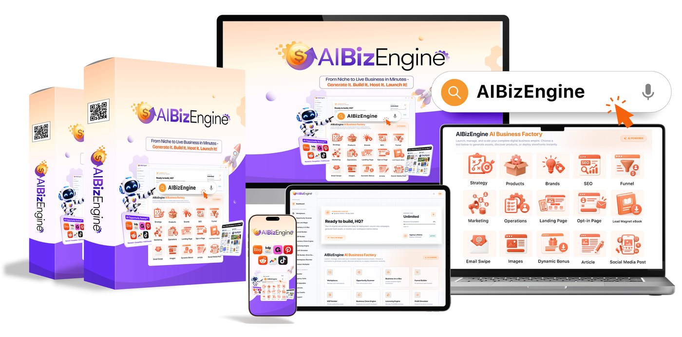 AiBizEngine product box and dashboard preview shown on desktop, laptop, tablet and phone screens