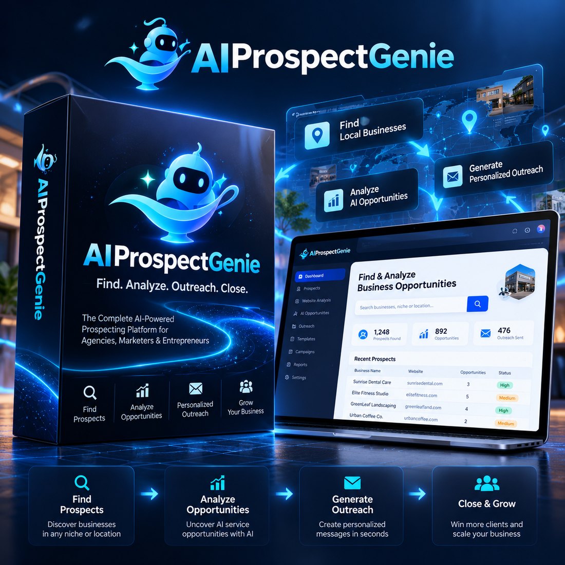 AIProspectGenie product box and laptop dashboard with the steps Find Prospects, Analyze Opportunities, Generate Outreach and Close and Grow