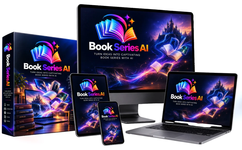 BookSeries AI shown on a monitor, laptop, tablet, phone and a product box