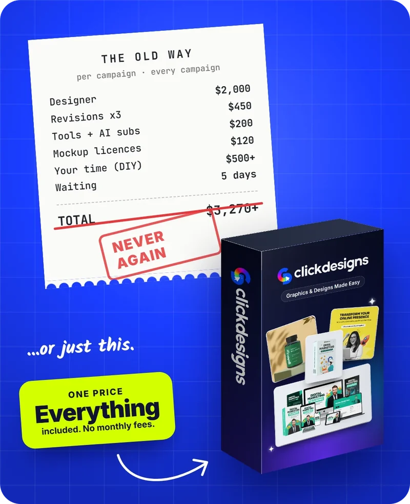 Vendor illustration comparing the estimated cost of the old way of getting designs with a single ClickDesigns box