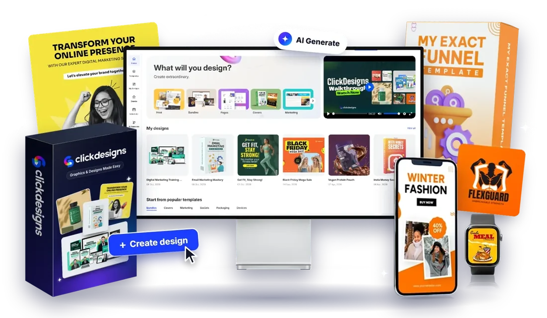 ClickDesigns X dashboard on a monitor with product box, phone, watch and sample designs around it