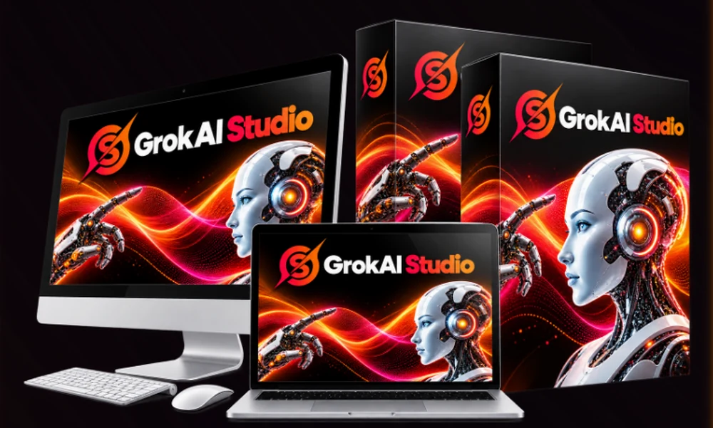GrokAI Studio shown on a monitor, laptop and two product boxes