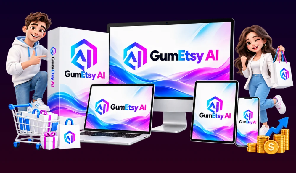GumEtsy AI shown on a monitor, laptop, tablet, phone and product box with two cartoon shoppers