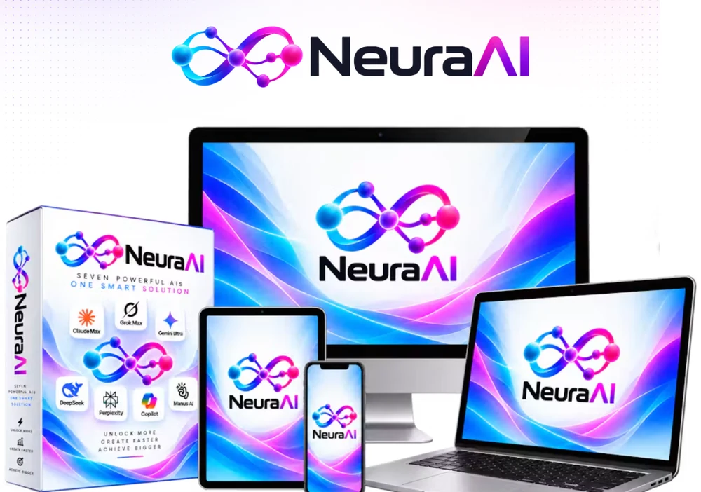 Neura AI shown on a monitor, laptop, tablet, phone and a product box