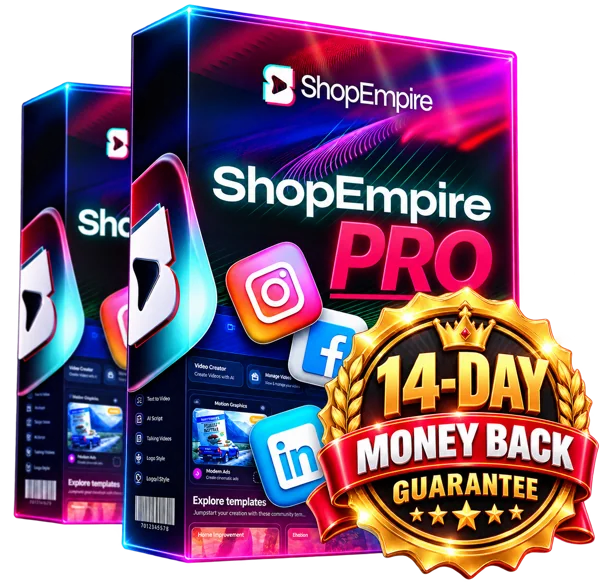 ShopEmpire product box with social media icons and a 14-day money back guarantee seal