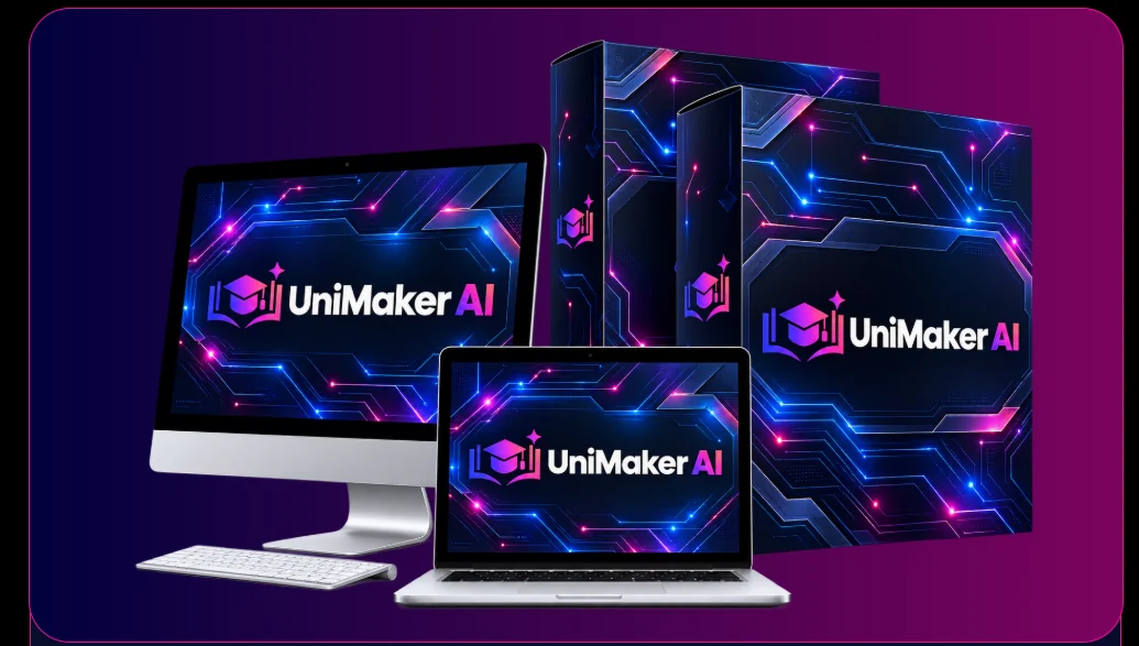 UniMaker AI shown on a desktop monitor, a laptop and two product boxes
